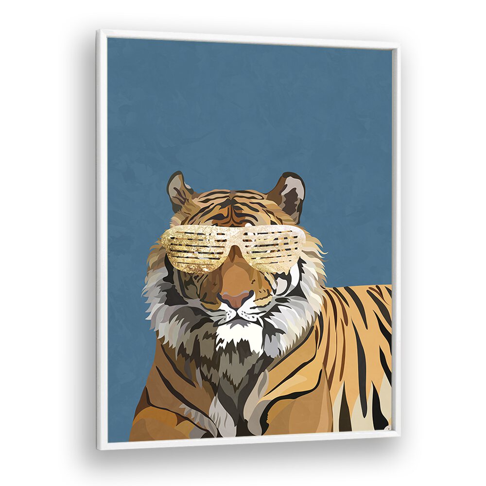 Tiger With Glasses By Sarah Manovski Wildlife Art Print in White Plain Frame