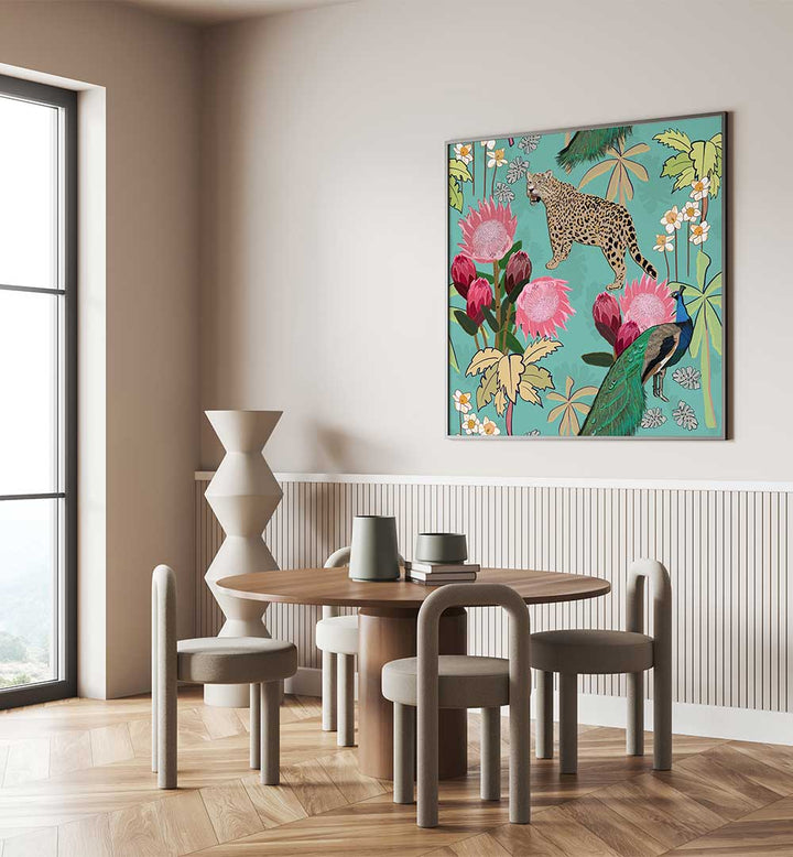 Dining room wall art of vibrant tiger and peacock with florals — TIGER AND PEACOCK , ANIMAL PAINTINGS