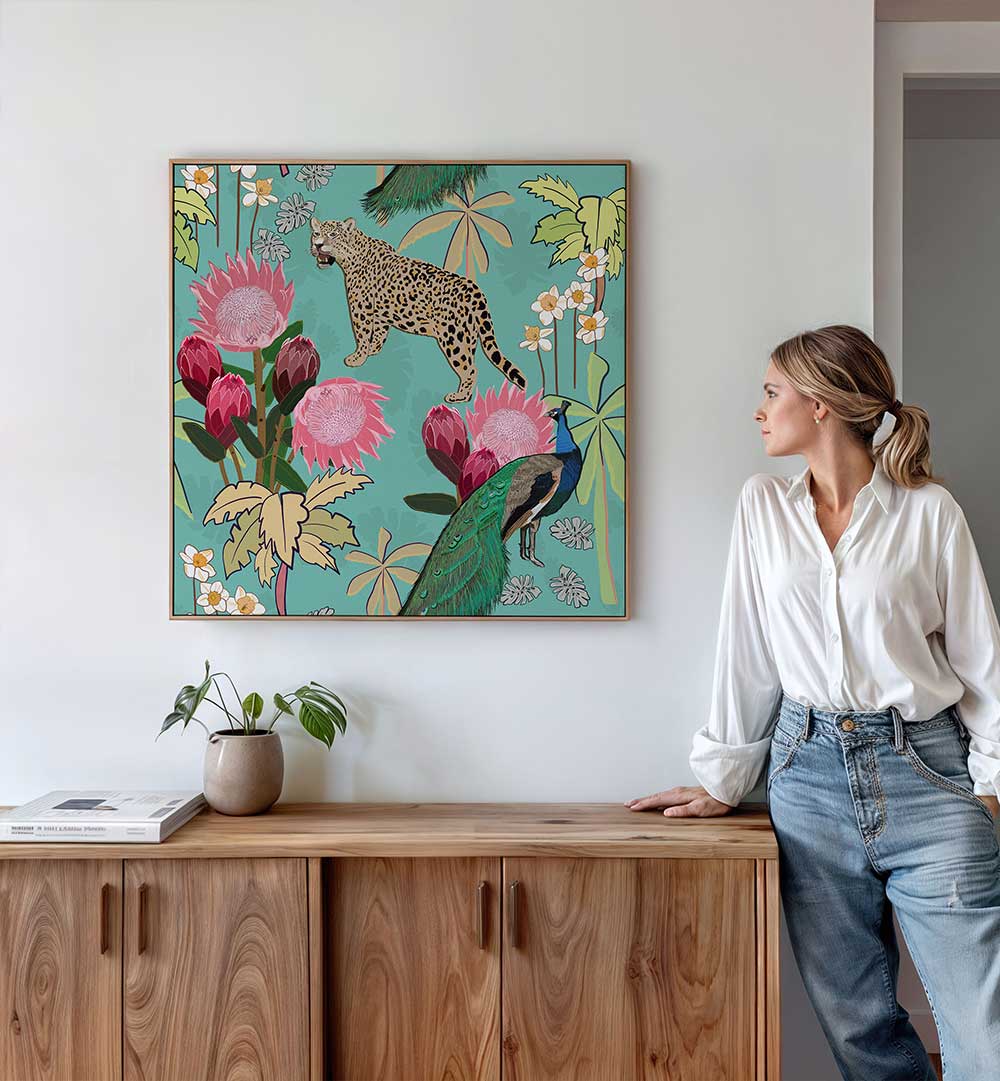 TIGER AND PEACOCK , ANIMAL PAINTINGS on teal floral canvas showing prowling tiger and vibrant peacock in wall art