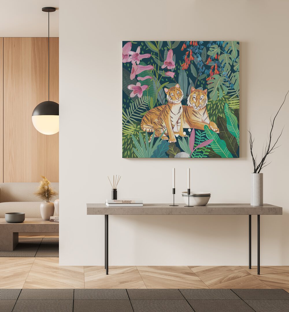 Tigers in the Jungle By Caroline Bonne Muller Wildlife Paintings in Gallery Wrap on a wall above a table