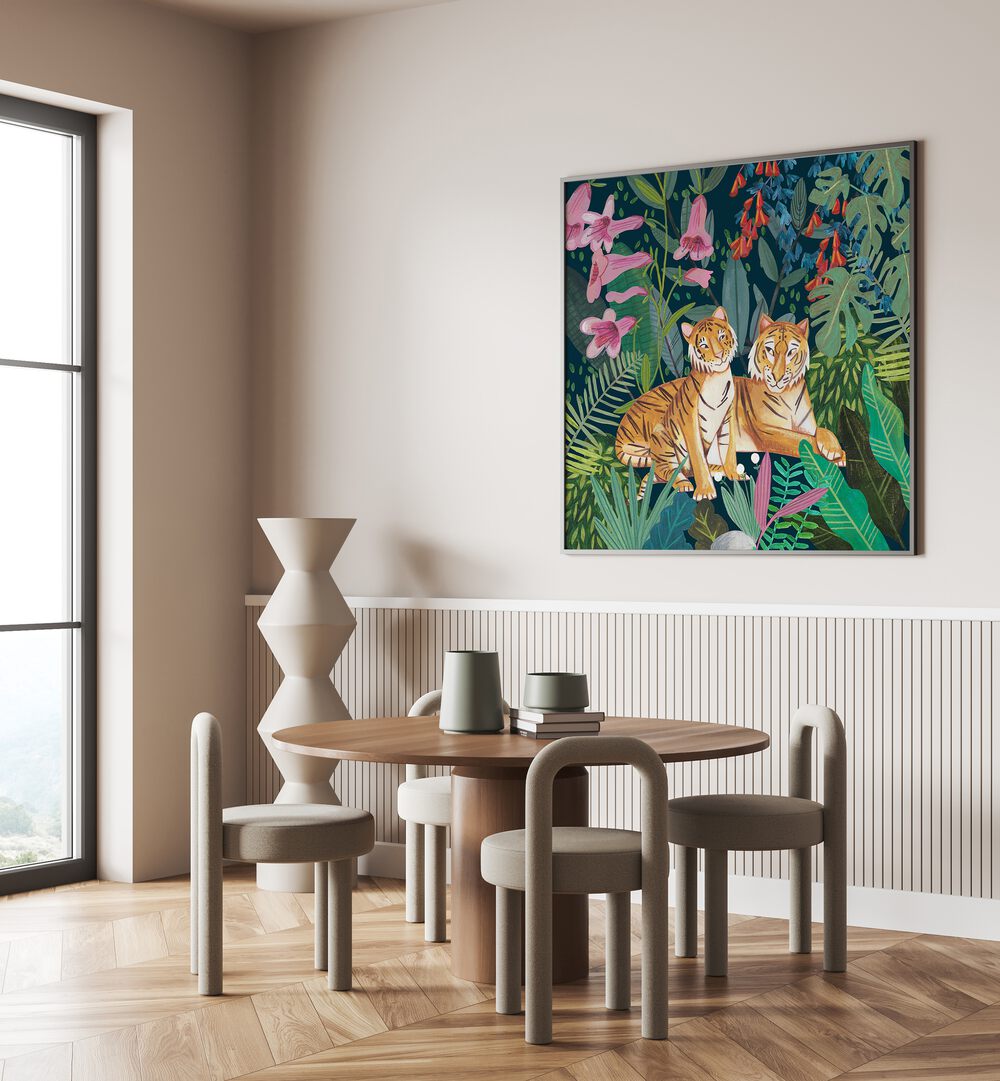 Tigers in the Jungle By Caroline Bonne Muller Wildlife Paintings in Black Plain Frame on a wall behind a dining table for dining area