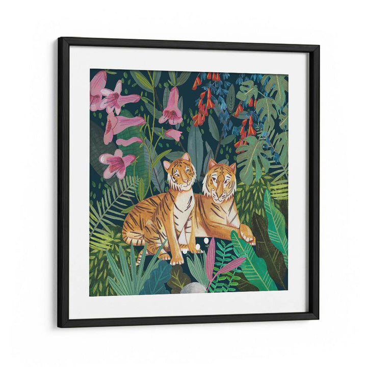 Tigers in the Jungle By Caroline Bonne Muller Wildlife Paintings in Black Frame With Mount