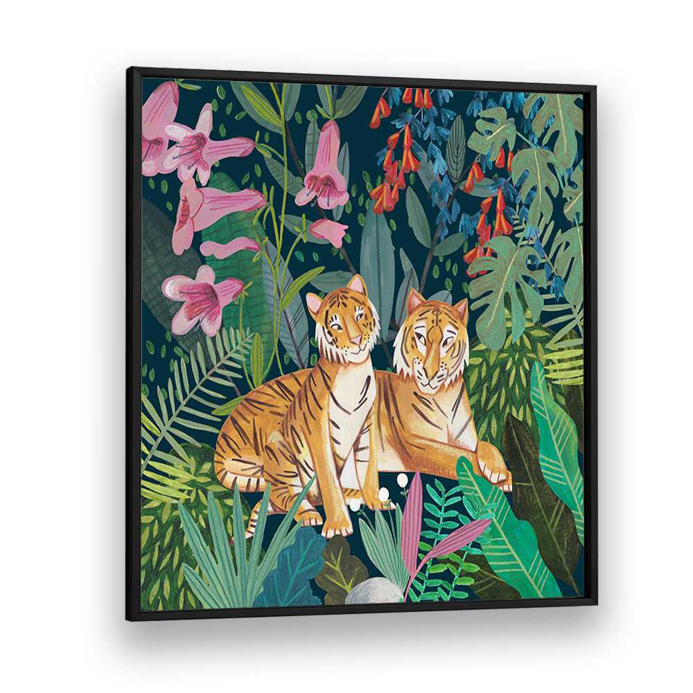 Tigers in the Jungle By Caroline Bonne Muller Wildlife Paintings in Black Plain Frame