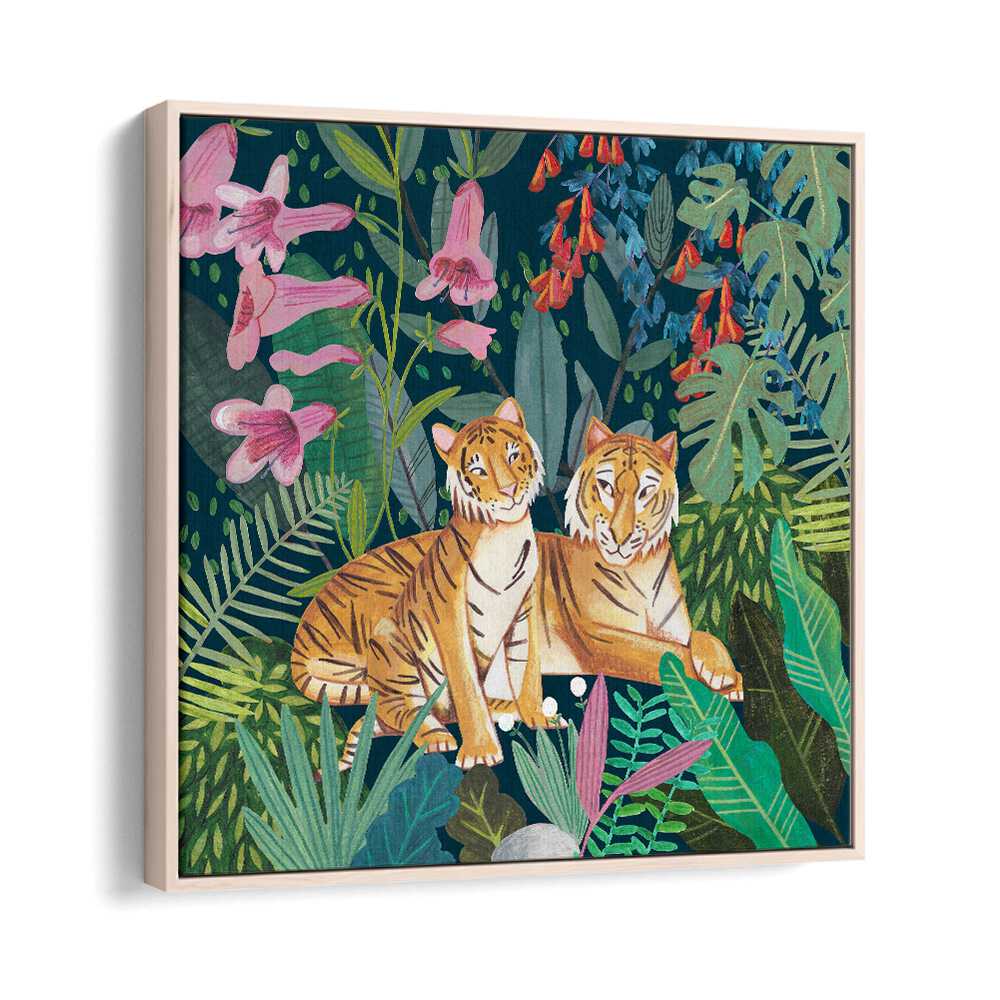 Tigers in the Jungle By Caroline Bonne Muller Wildlife Paintings in Oak Wood Floater Frame