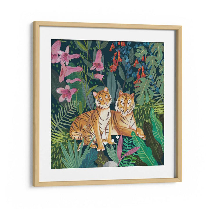 Tigers in the Jungle By Caroline Bonne Muller Wildlife Paintings in Oak Wood Frame With Mount