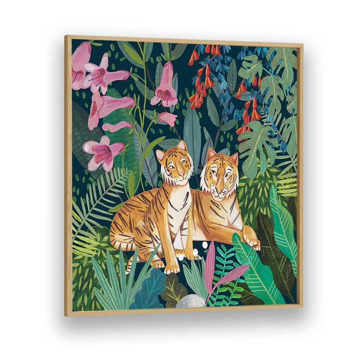 Tigers in the Jungle By Caroline Bonne Muller Wildlife Paintings in Oak Wood Plain Frame