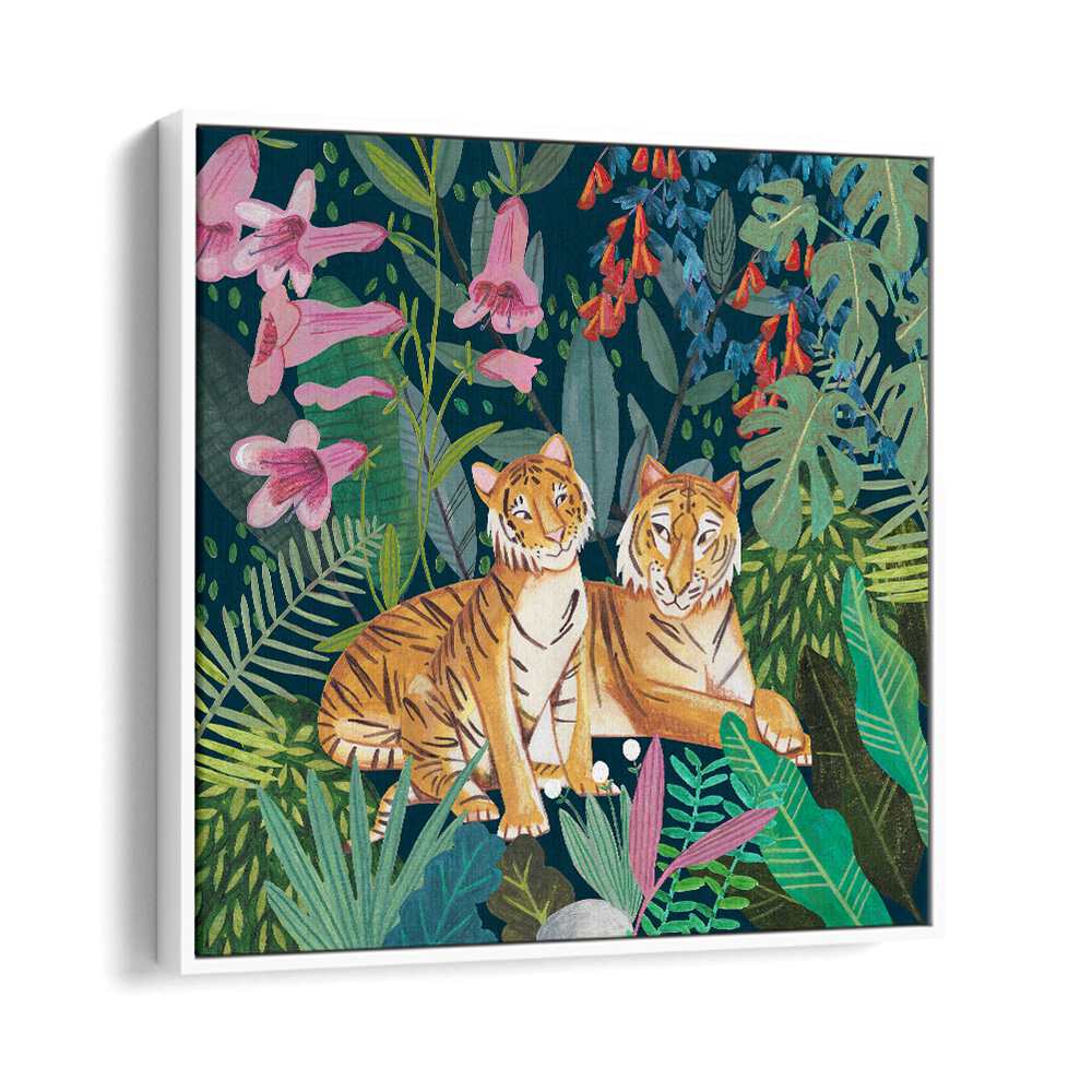 Tigers in the Jungle By Caroline Bonne Muller Wildlife Paintings in White Floater Frame