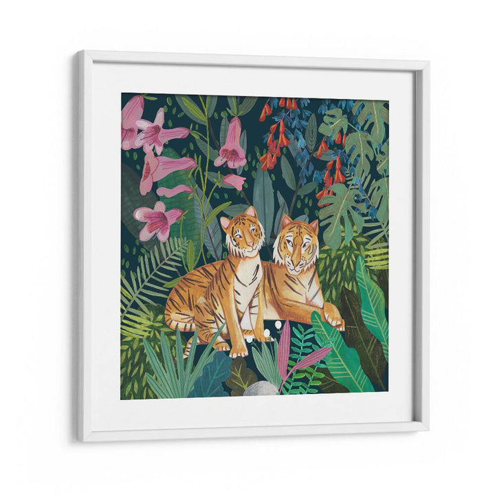 Tigers in the Jungle By Caroline Bonne Muller Wildlife Paintings in White Frame With Mount