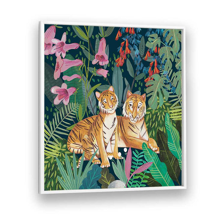 Tigers in the Jungle By Caroline Bonne Muller Wildlife Paintings in White Plain Frame