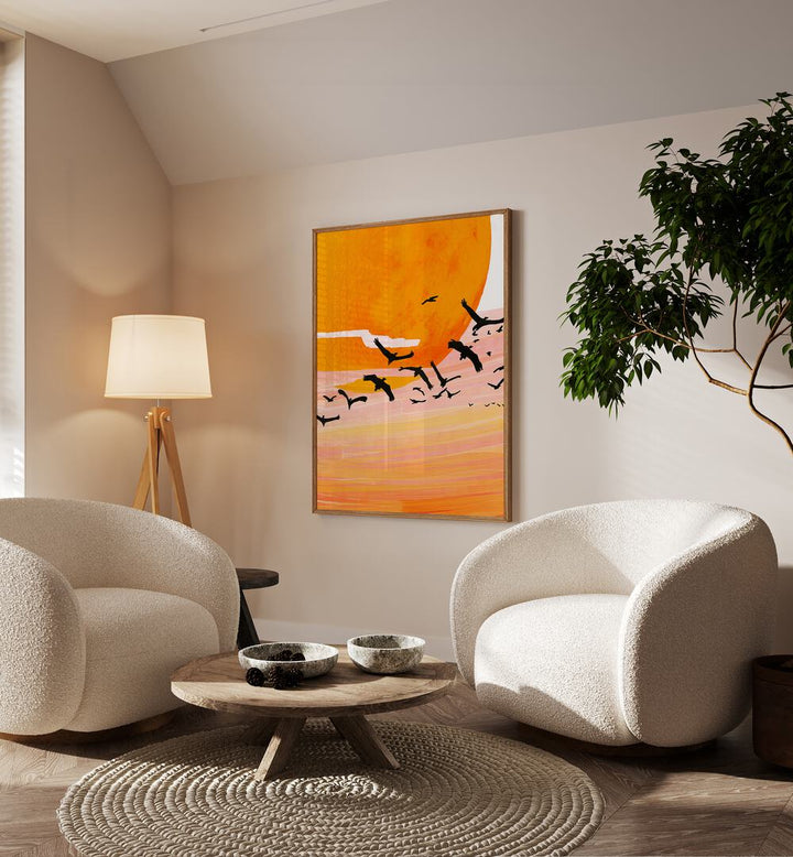 Time Flies By Uma Gokhale Landscape Paintings in Oak Wood Plain Frame on a wall behind sofa