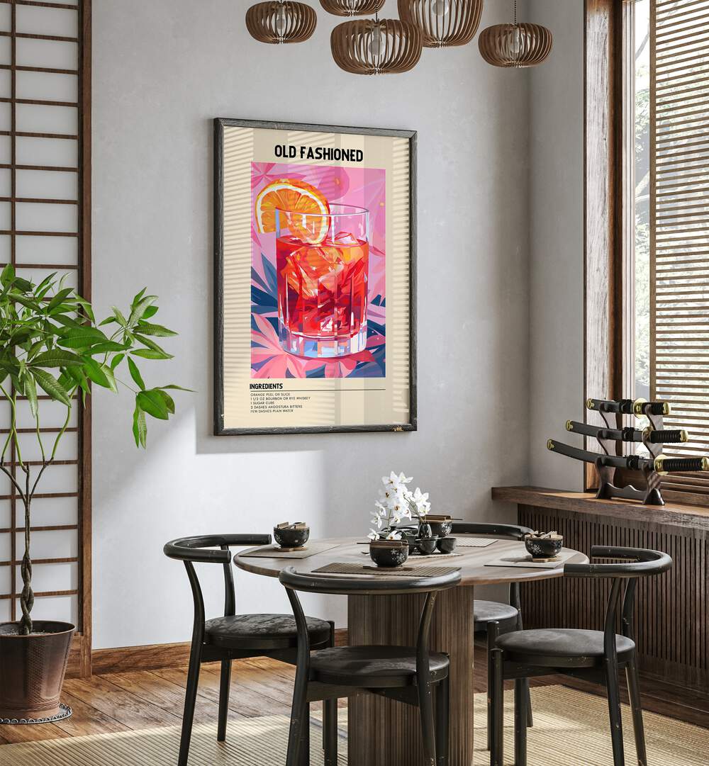 Timeless Old Fashioned Cafe Art Prints Cafe Posters in Black Plain Frame placed on a wall in a dining room area beside a window and behind a dining table