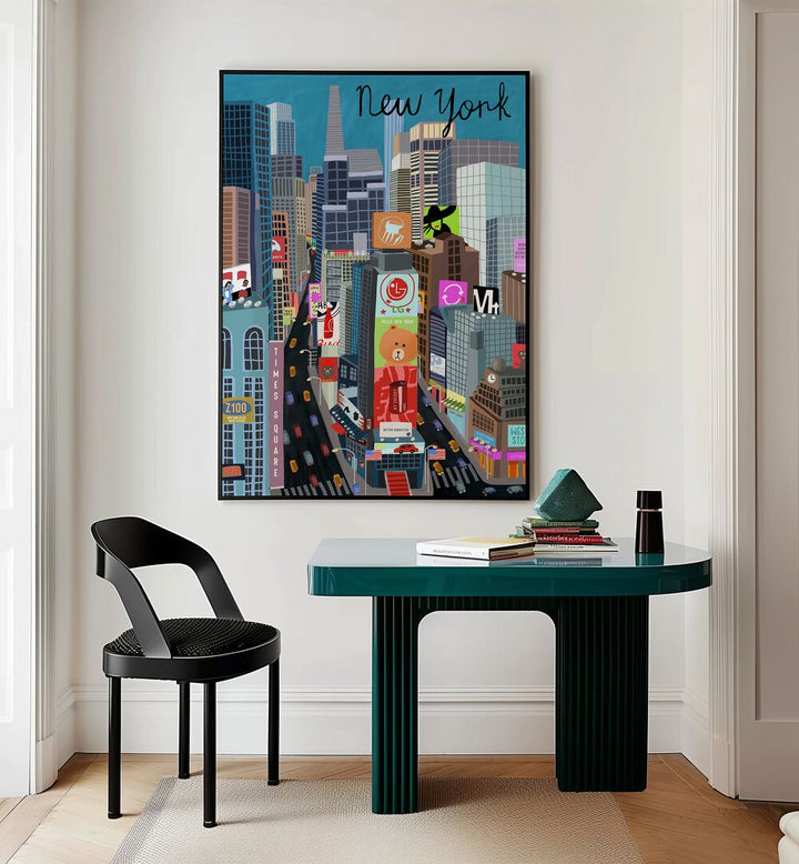 Times Square by Carla Daly Travel Posters in Black Plain Frame placed on a wall behind a study table