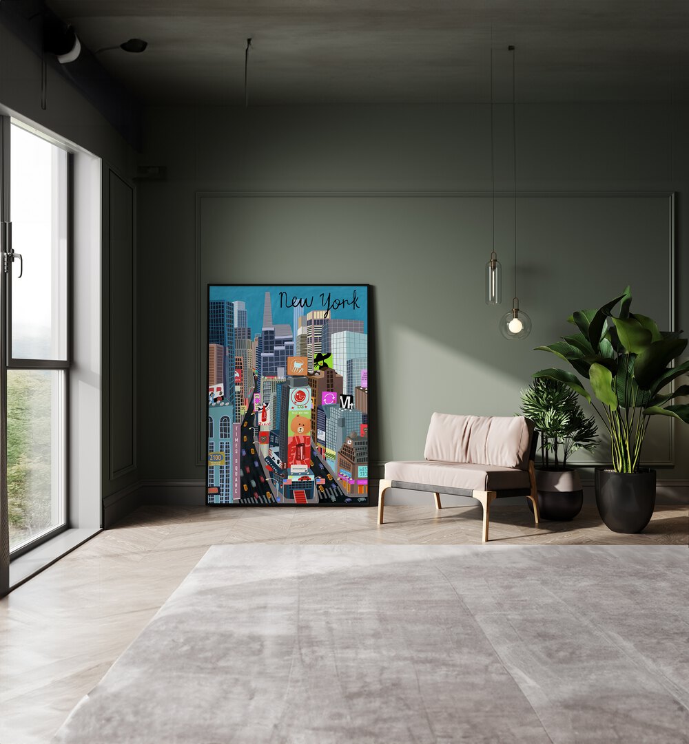 Times Square by Carla Daly Travel Posters in Black Plain Frame placed on the floor between a sofa and a window