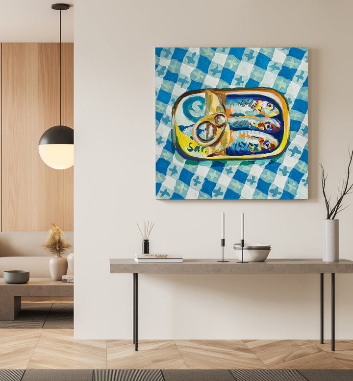 Tin Of Sardines By Key And Sea Creative Kitchen Art Print in Gallery Wrap on a cream wall above a table