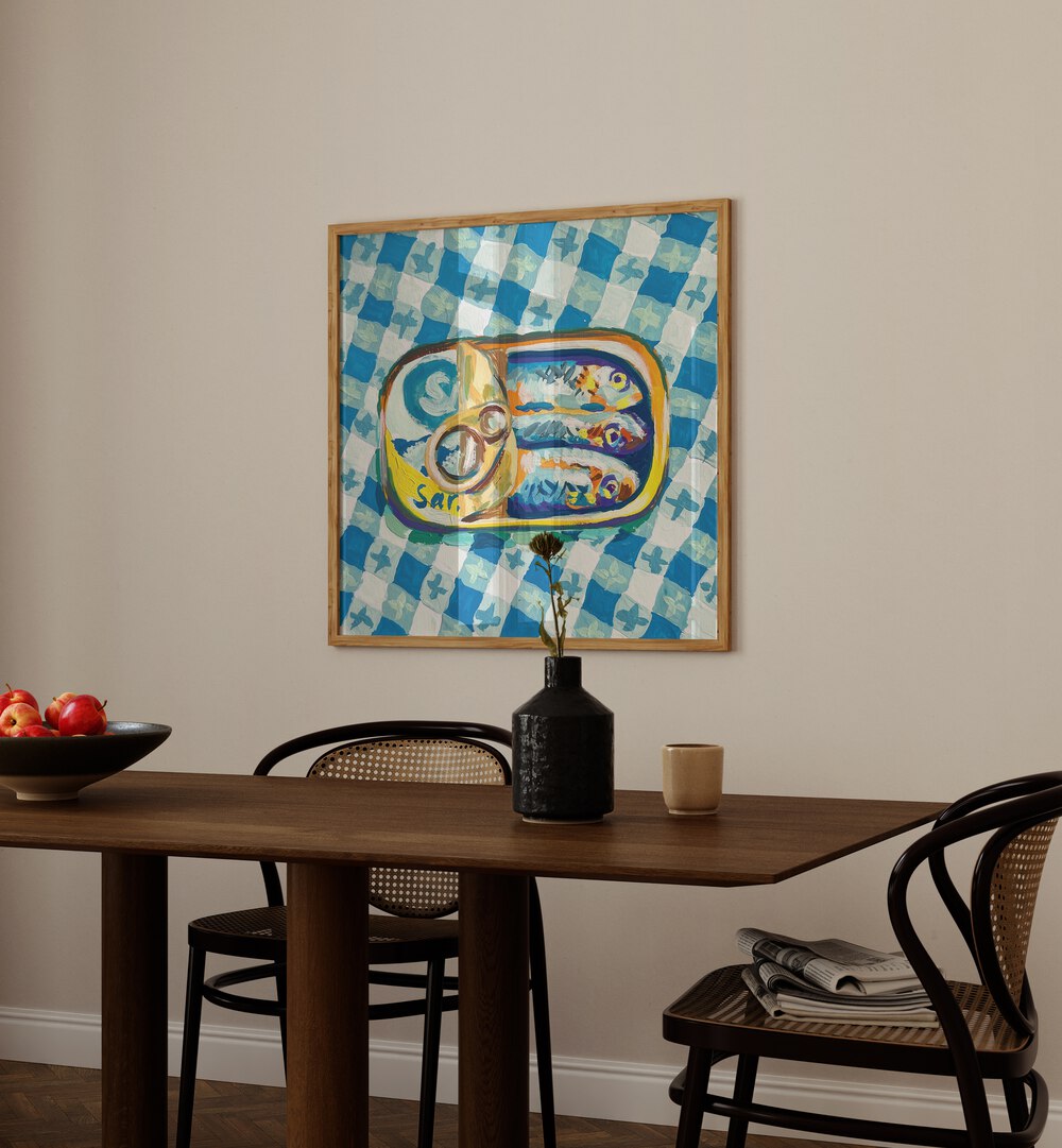 Tin Of Sardines By Key And Sea Creative Kitchen Art Print in Oak Wood Plain Frame behind a dining table for dining area