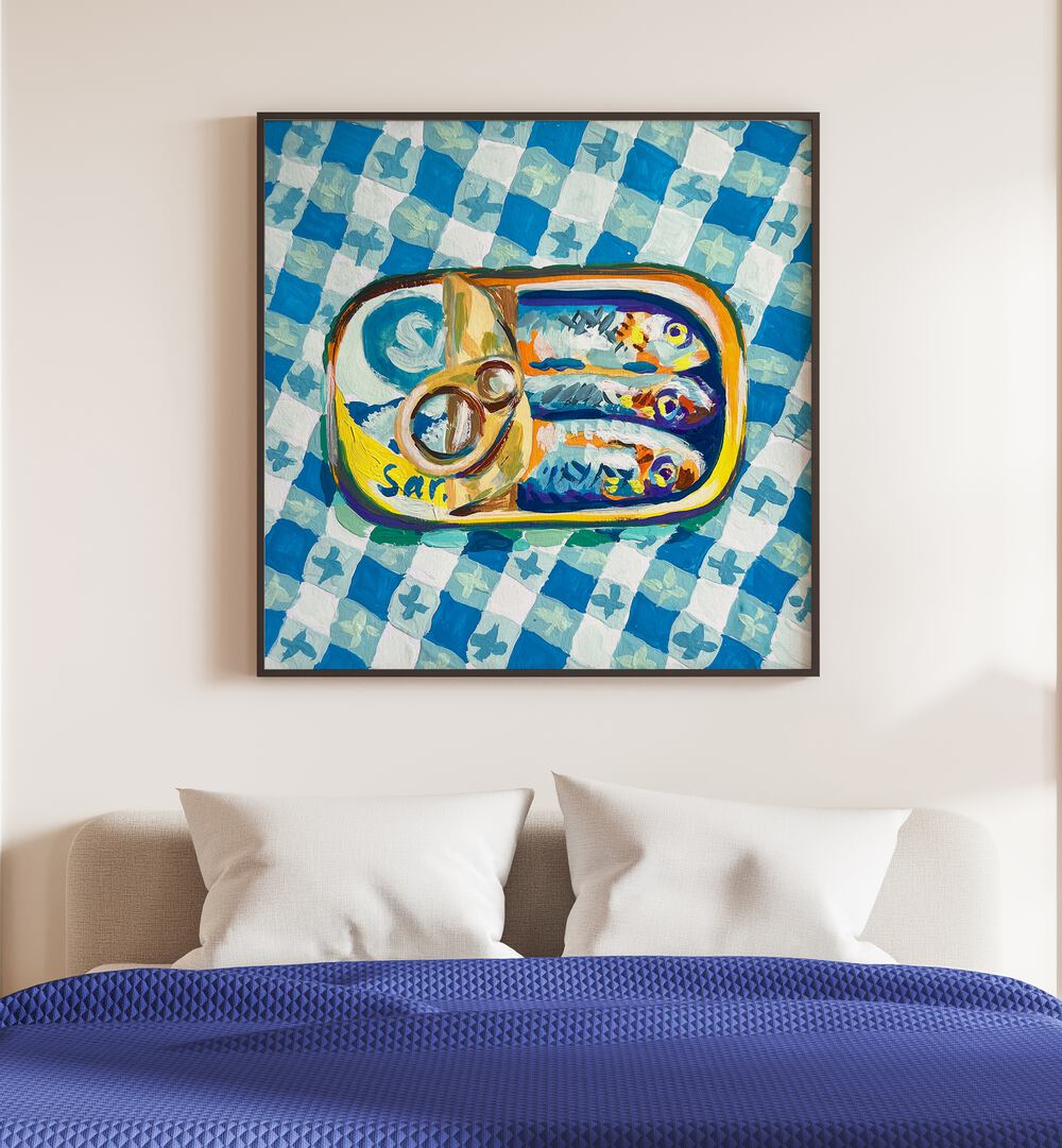 Tin Of Sardines By Key And Sea Creative Kitchen Art Print in Black Plain Frame above a bed for bedroom