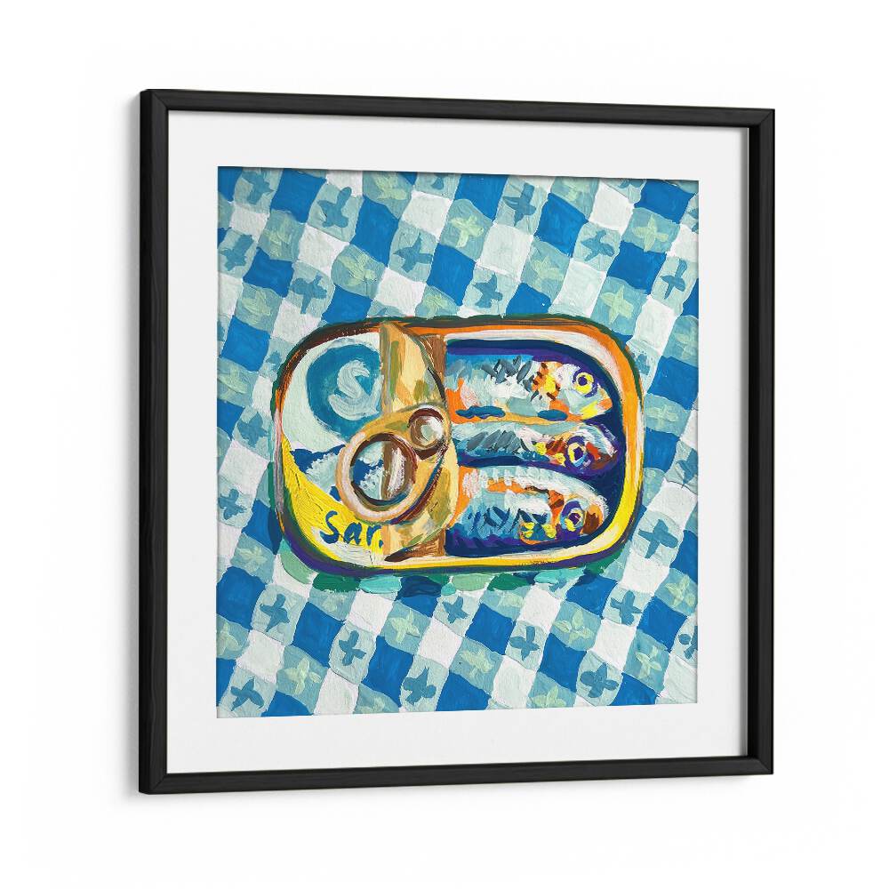 Tin Of Sardines By Key And Sea Creative Kitchen Art Print in Black Frame With Mount