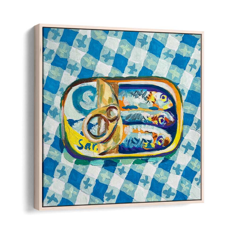 Tin Of Sardines By Key And Sea Creative Kitchen Art Print in Oak Wood Floater Frame