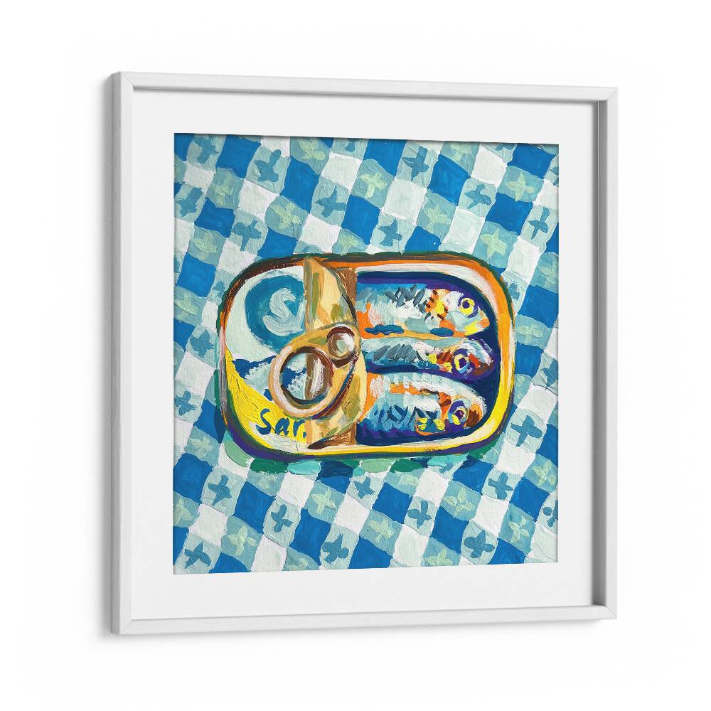 Tin Of Sardines By Key And Sea Creative Kitchen Art Print in White Frame With Mount