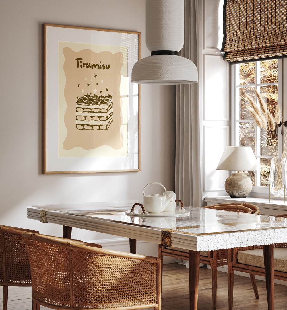 Tiramisu by Studio Dolci Kitchen Posters in Oak Wood Frame With Mount placed on a wall behind a dining table and beside a window for dining area