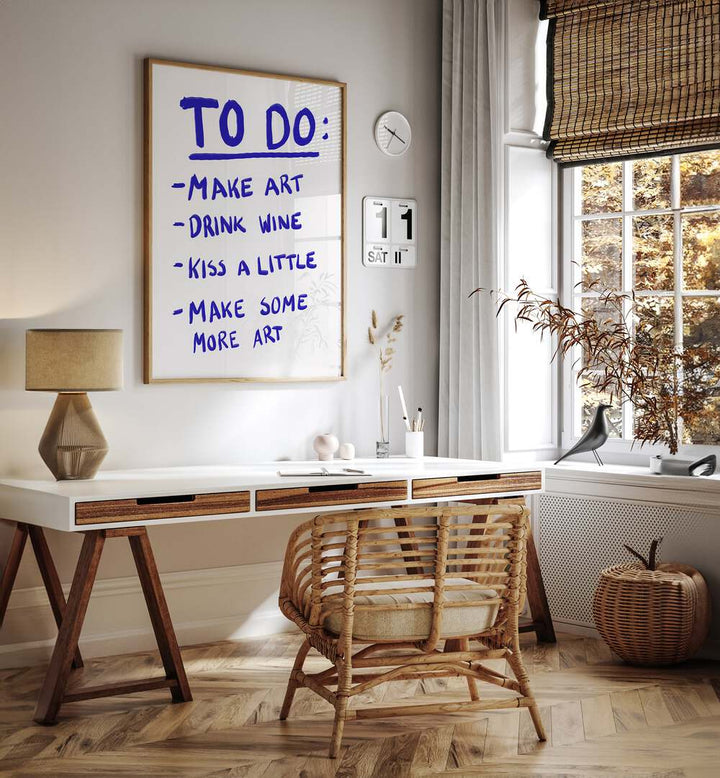 To Do List by Athene Fritsch Quotes and Typography Posters in Oak Wood Plain Frame placed on a wall behind a study table and beside a window