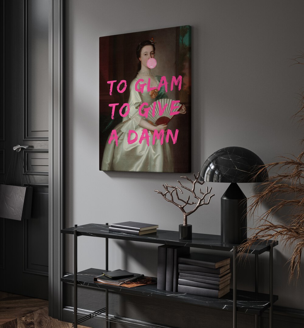 To Glam by the Art Concept Altered Art Prints in Gallery Wrap placed on a wall behind a table and beside a door