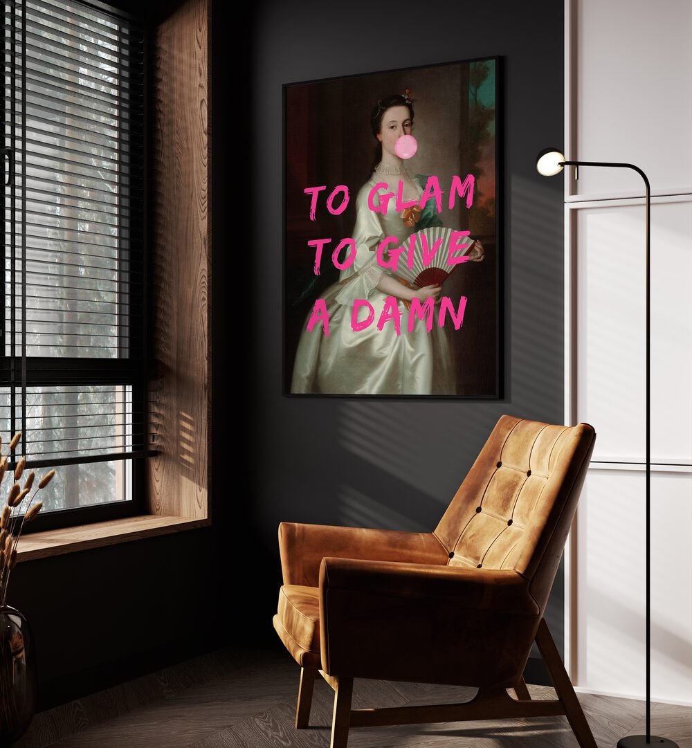 To Glam by the Art Concept Altered Art Prints in Black Plain Frame placed on a wall beside an orange sofa