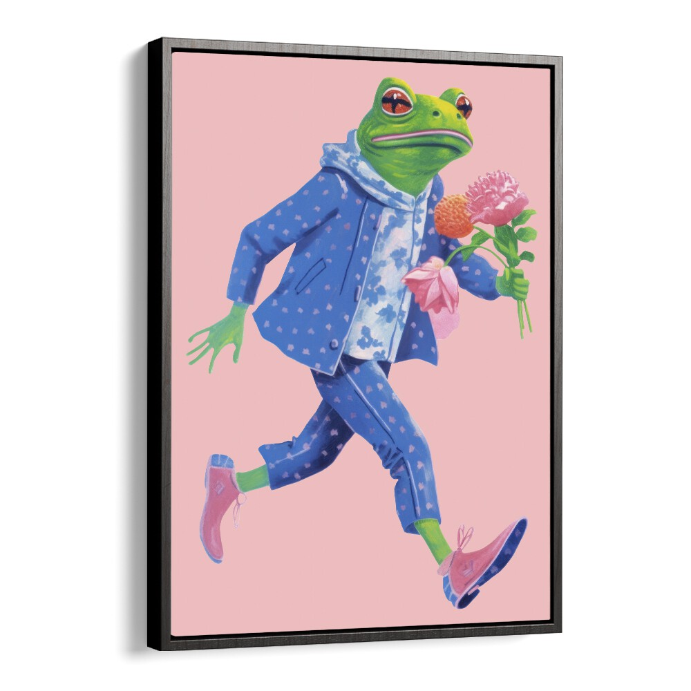 Toad With Flowers  Kids Paintings in Black Floater Frame