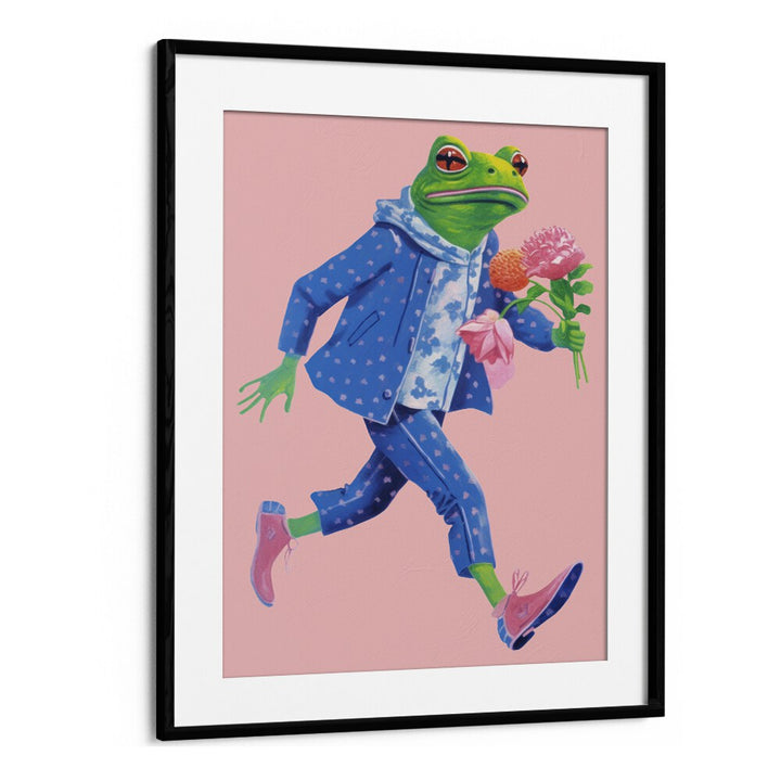 Toad With Flowers  Kids Paintings in Black Frame With Mount