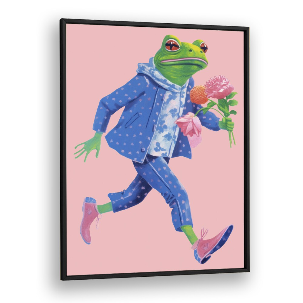 Toad With Flowers  Kids Paintings in Black Plain Frame