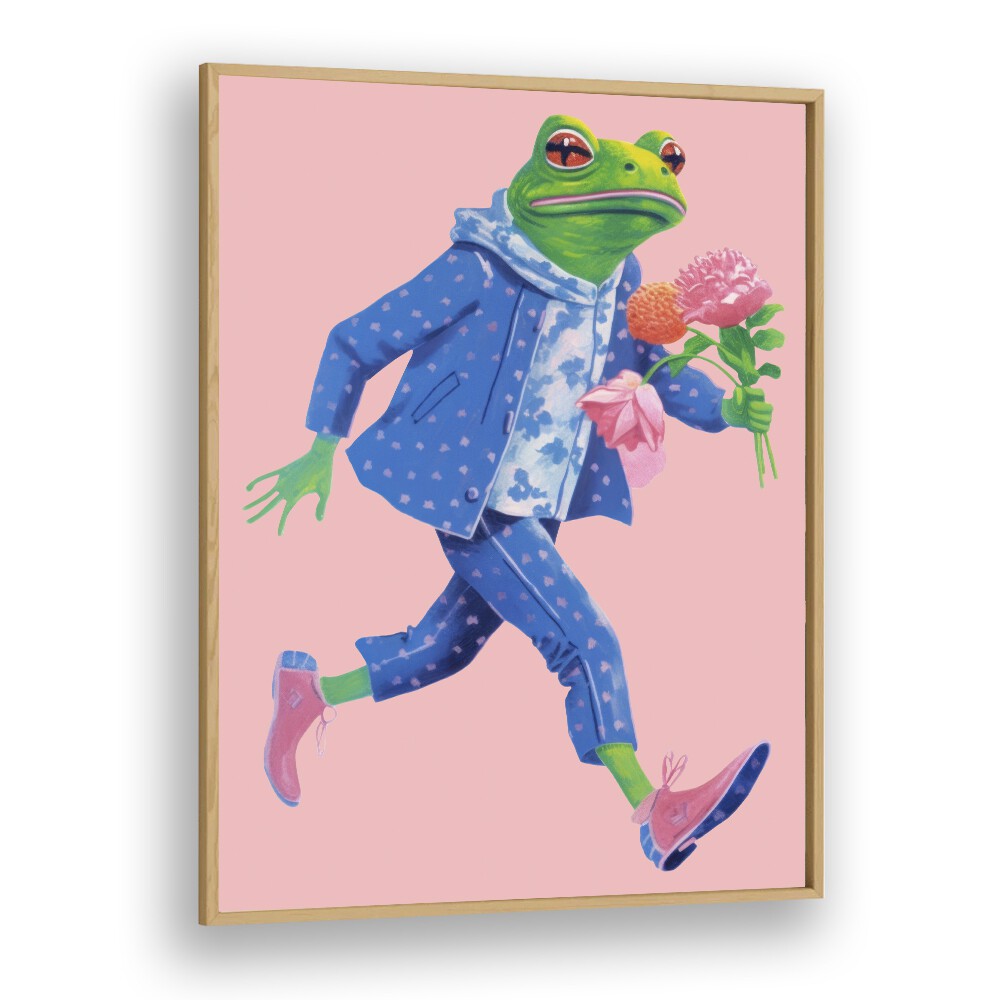 Toad With Flowers  Kids Paintings in Oak Wood Plain Frame