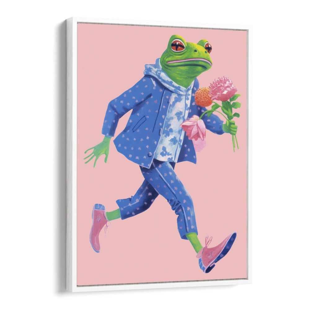 Toad With Flowers  Kids Paintings in White Floater Frame