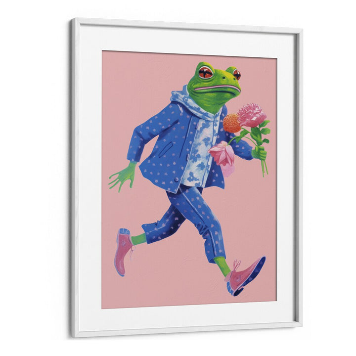 Toad With Flowers  Kids Paintings in White Frame With Mount