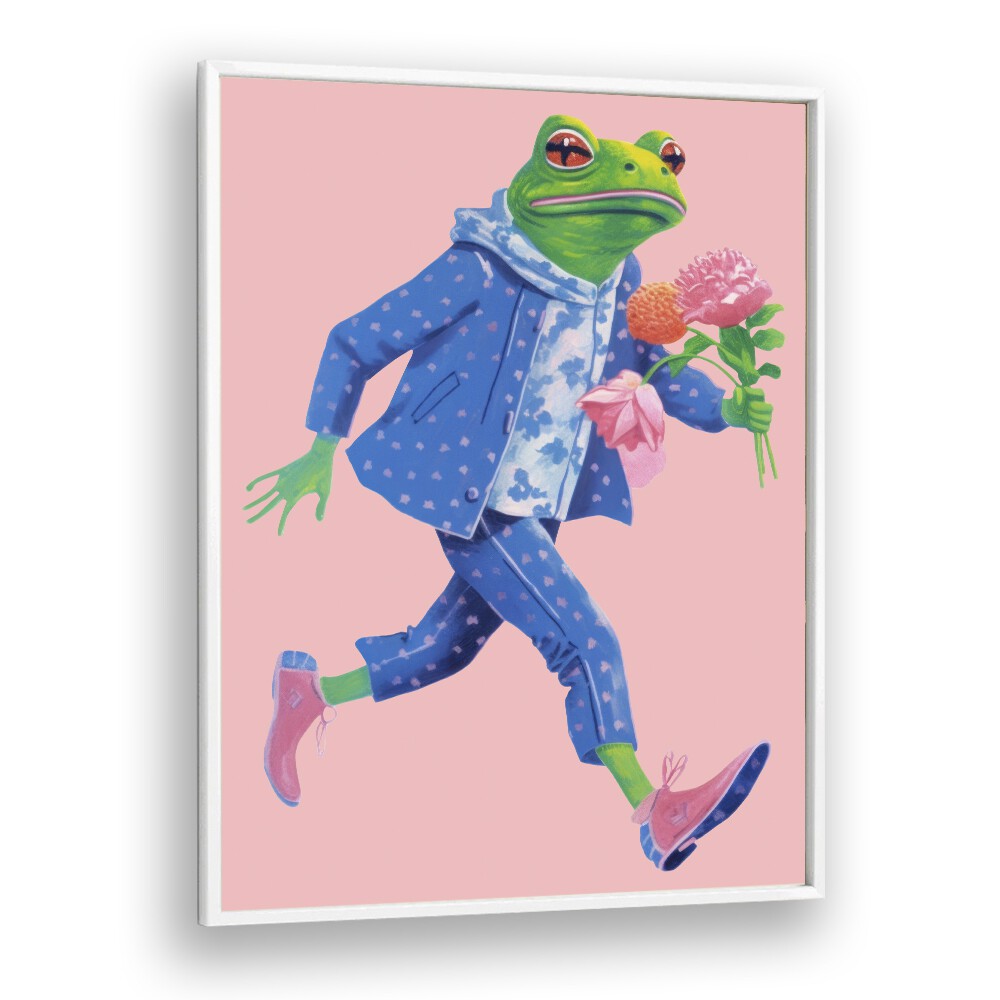 Toad With Flowers  Kids Paintings in White Plain Frame