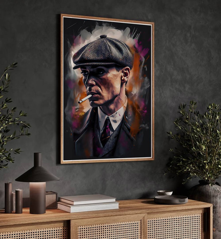 Tommy Shelby Art Movie Posters in Oak Wood Plain Frame placed on a Dark Grey Colored Wall above a Console Table