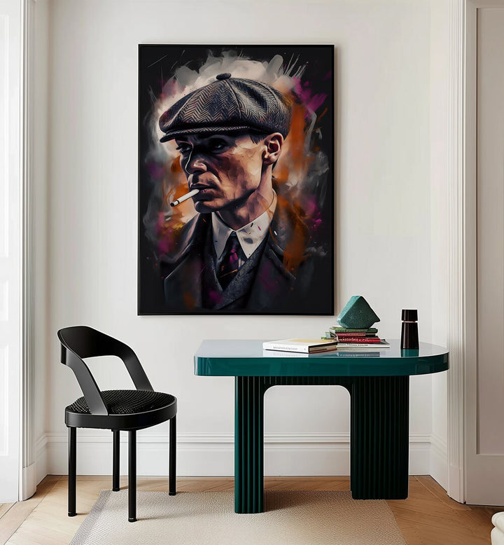 Tommy Shelby Art Movie Posters in Black Plain Frame placed on a Cream Colored Wall near a Study Table in a Workspace in the Drawing Room