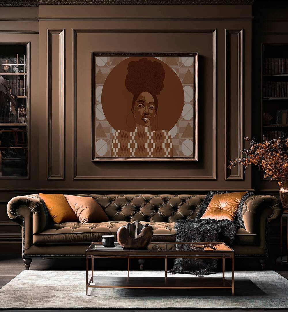 Tone By Lynnda Rakos Pop Art Paintings Pop Art Prints in Dark Wood Plain Frame placed on a wall behind a sofa