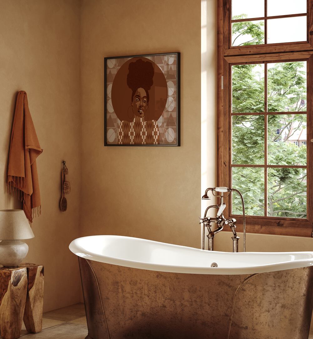 Tone By Lynnda Rakos Pop Art Paintings Pop Art Prints in Black Plain Frame placed on a bathroom wall beside a bathtub