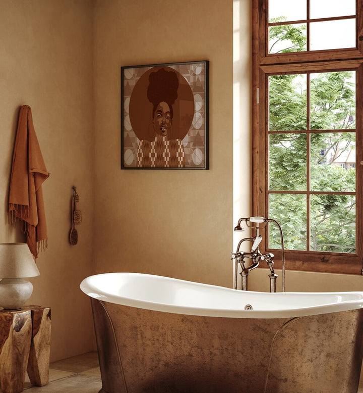 Tone By Lynnda Rakos Pop Art Paintings Pop Art Prints in Black Plain Frame placed on a bathroom wall beside a bathtub