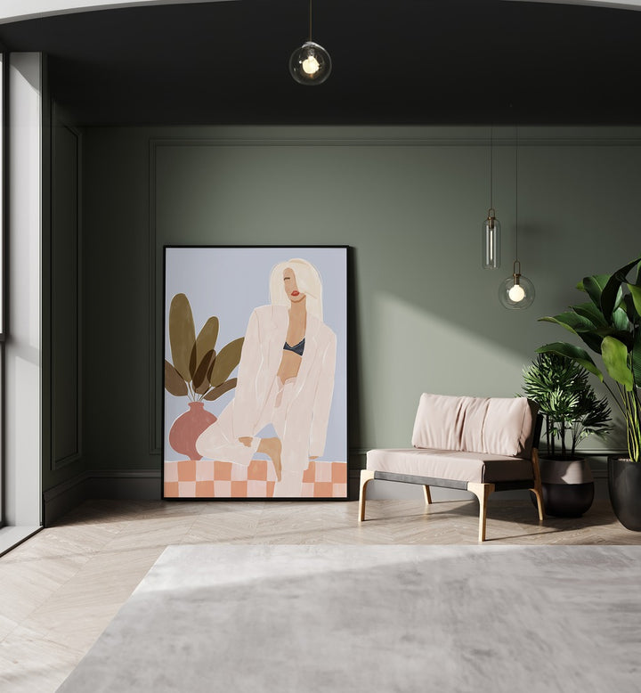 Too Lazy to Yoga By Ivy Green Women Illustration Paintings in Black Plain Frame on the floor beside a sofa