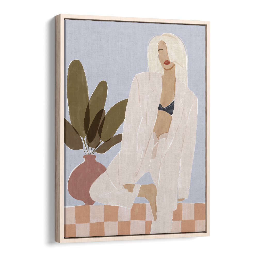 Too Lazy to Yoga By Ivy Green Women Illustration Paintings in Oak Wood Floater Frame