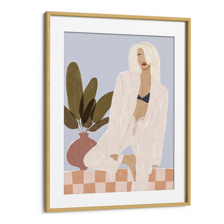 Too Lazy to Yoga By Ivy Green Women Illustration Paintings in Oak Wood Frame With Mount