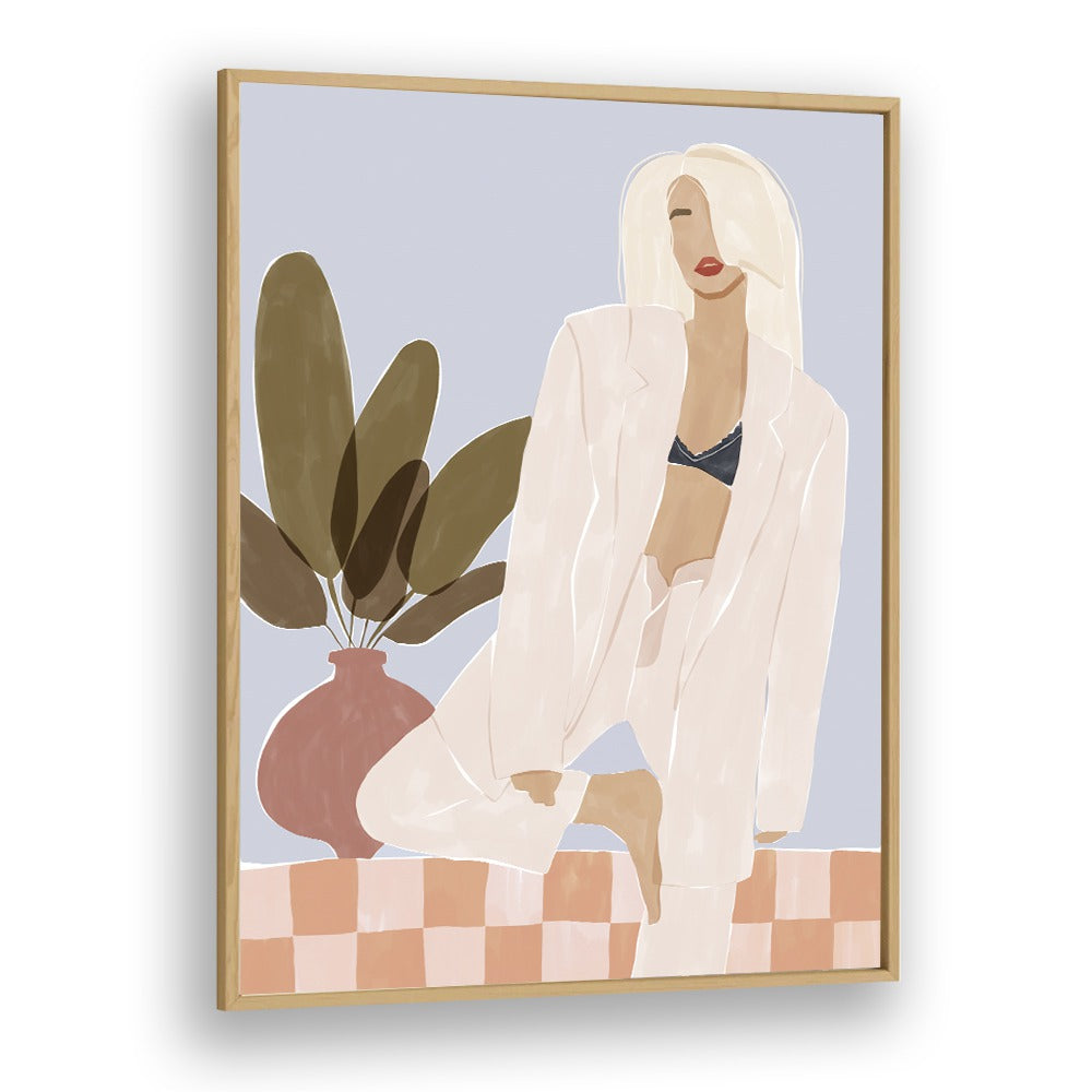 Too Lazy to Yoga By Ivy Green Women Illustration Paintings in Oak Wood Plain Frame