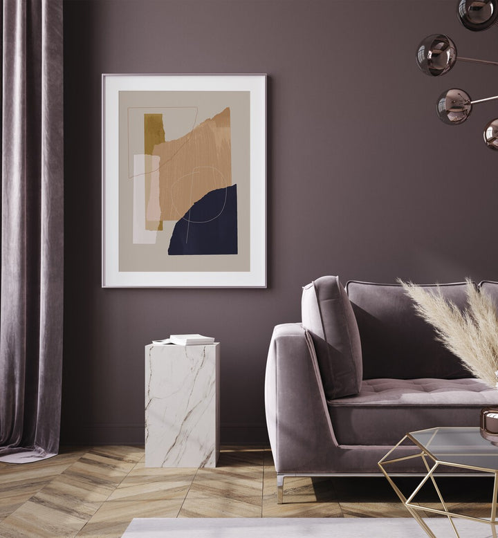 Torn Pieces By Mareike Bohmer Abstract Art Abstract Paintings in White Frame With Mount placed on a Purple Colored Wall in the Living Room