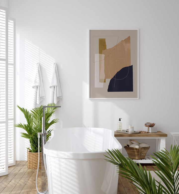 Torn Pieces By Mareike Bohmer Abstract Art Abstract Paintings in White Plain Frame placed on a White Colored Wall near a Bathtub in the Bathroom