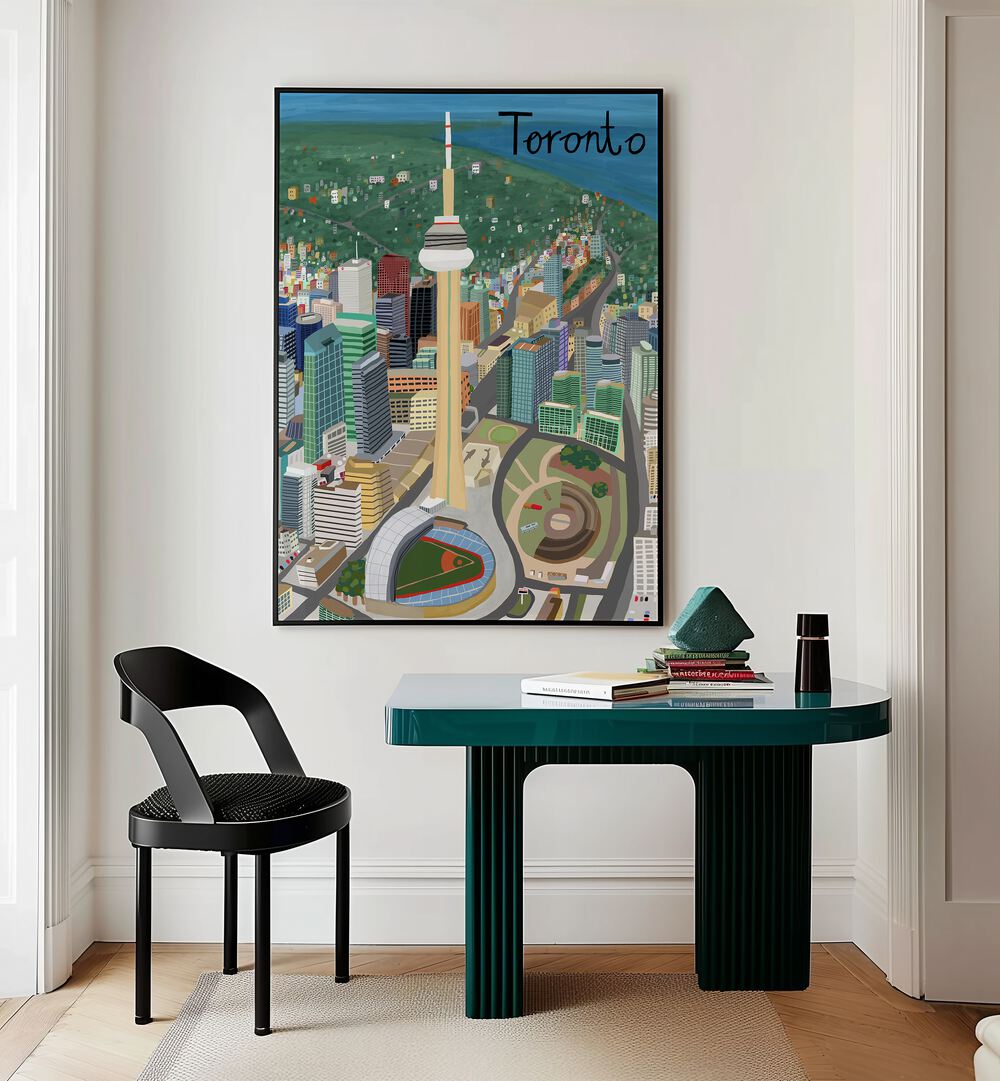 Toronto by Carla Daly Travel Posters in Black Plain Frame placed on a wall behind a study table