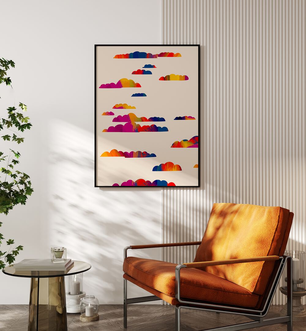 Totem Clouds By Uma Gokhale Abstract Paintings in Black Plain Frame on a white wall beside an orange sofa