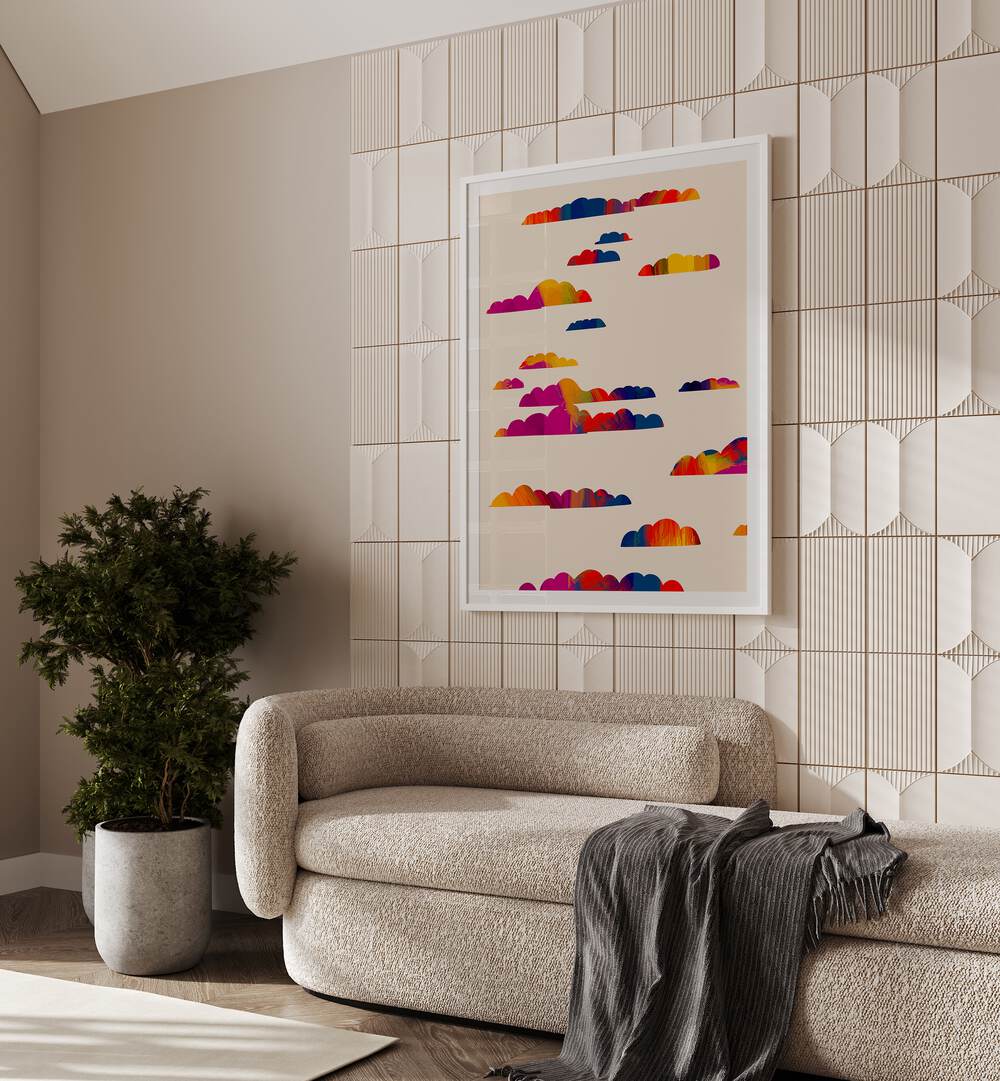 Totem Clouds By Uma Gokhale Abstract Paintings in White Plain Frame on a wall behind a sofa