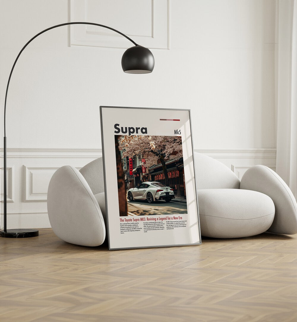 Stylish TOYOTA SUPRA MK5 , CAR POSTERS showcased in modern decor, perfect for automotive enthusiasts' wall art.