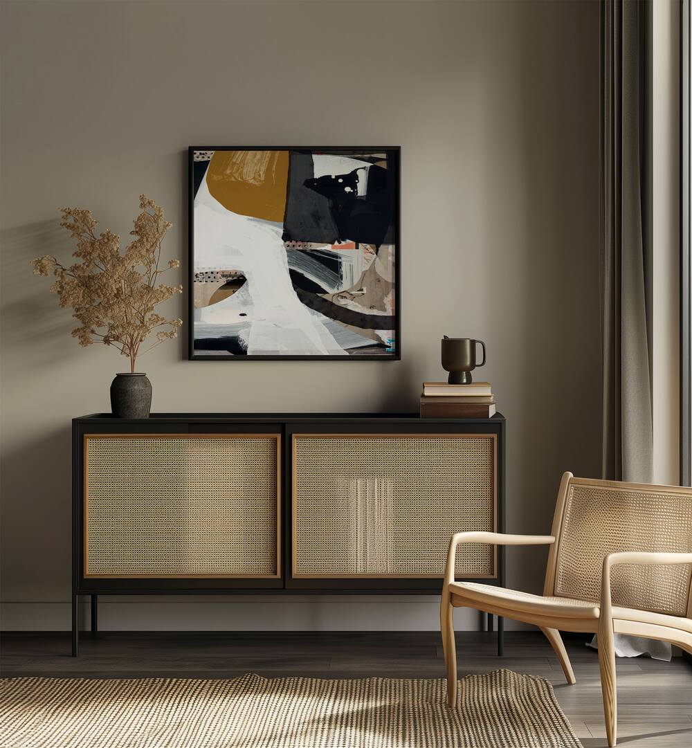 Trading By Dan Hobday Abstract Art Abstract Paintings in Black Plain Frame placed on a Beige Colored Wall above a Console Table in the Drawing Room